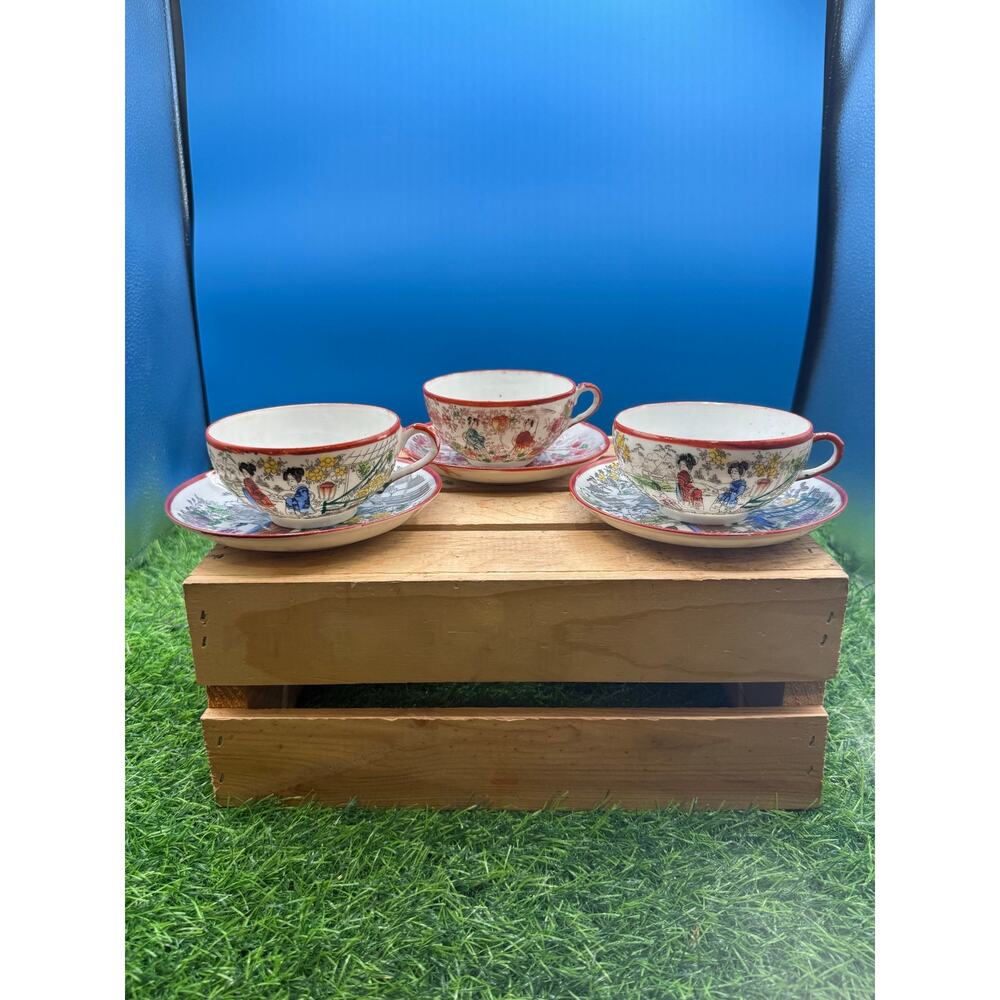 Vintage Kutani Japanese Porcelain Teacups/Saucers - Set of 3 Geisha Tea Cups